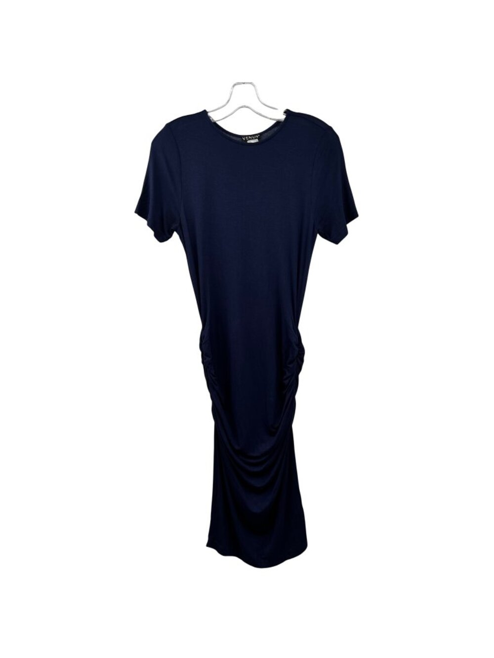 VENUS Womens Midi Bodycon Dress Ruched Navy Size Small Short Sleeve